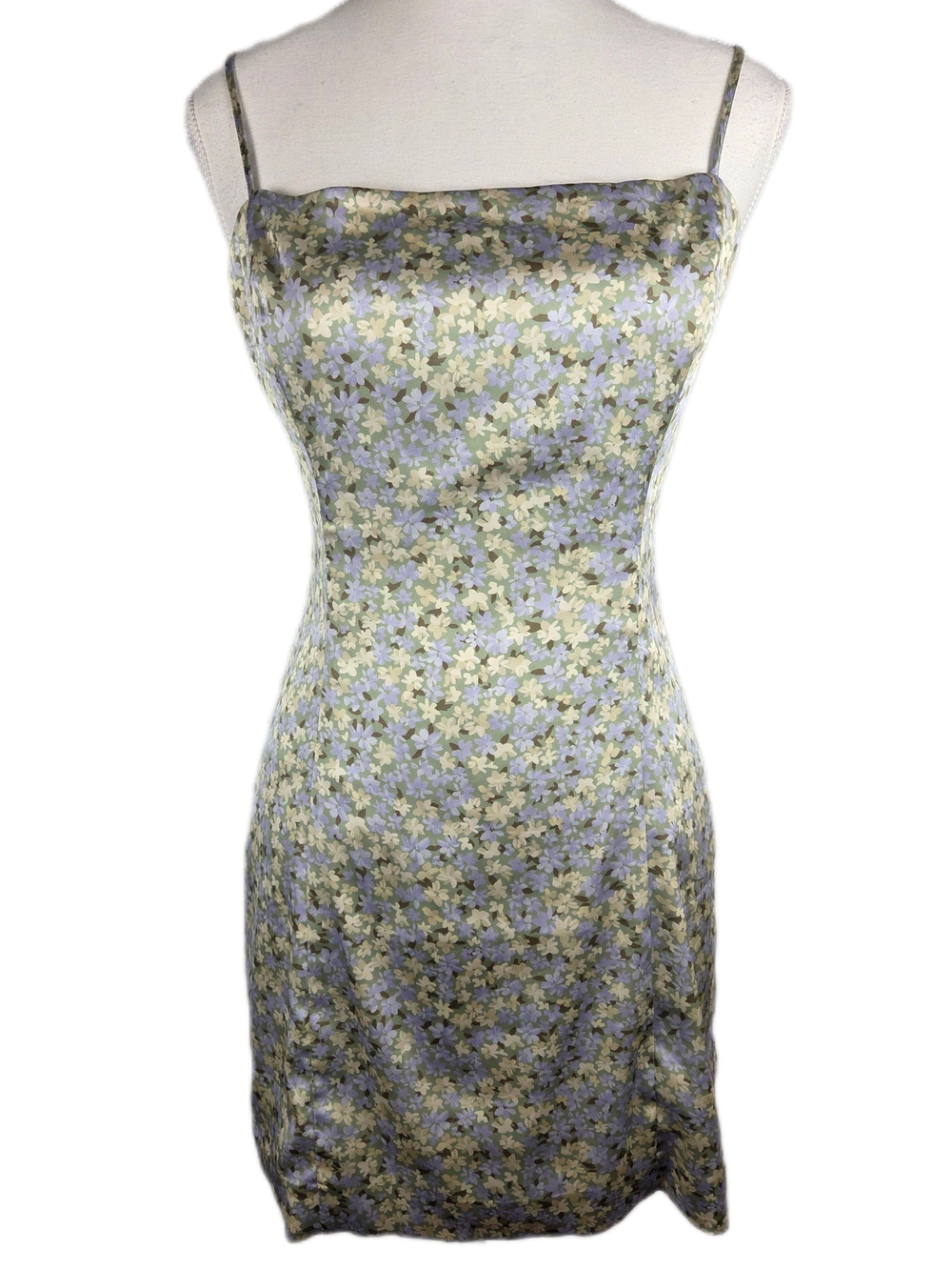 Aritzia Sun-Deh Shimmer Satin Square Neck Floral Mini Dress Green/Blue
